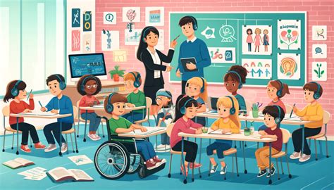 Ilustración de un aula inclusiva con estudiantes con y sin discapacidad participando juntos.