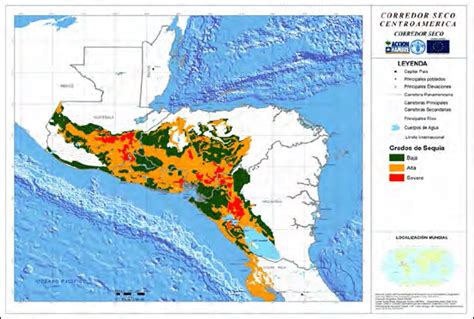 Mapa del Corredor Seco Centroamericano mostrando zonas afectadas por sequías