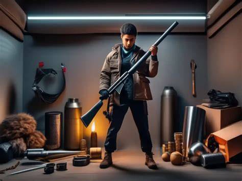 Fotografía interior celda-habitación con jóvenes y armas improvisadas