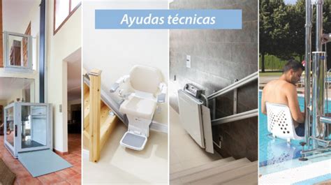 Imagen que muestra diferentes tipos de ayudas técnicas, como un salvaescaleras y una plataforma elevadora.
