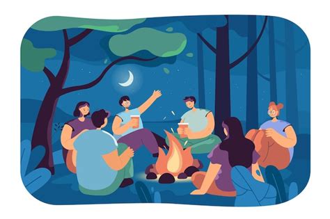 Ilustración de personas reunidas contando adivinanzas en una noche de invierno.