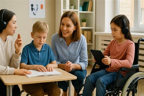Ilustración de un ambiente de aprendizaje estimulante para niños con necesidades educativas especiales
