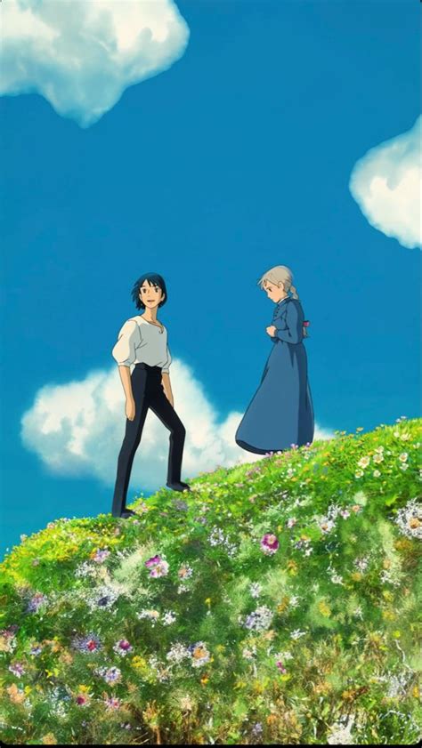Howl y Sophie joven en el campo de flores