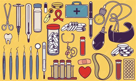 Infografía con dibujos de instrumentos médicos básicos para niños
