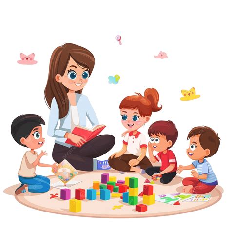 Ilustración de una profesora interactuando con niños en un aula, fomentando la empatía