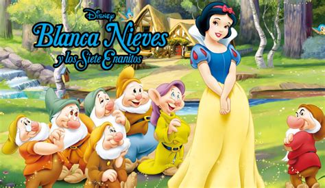 Blancanieves con los siete enanitos en su cabaña, una ilustración de cuento de hadas.