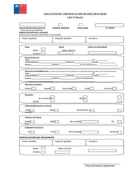 Captura de pantalla del formulario de solicitud de certificación de discapacidad en línea.