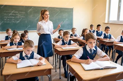 Foto temática: profesor de inglés interactuando con alumnos en un aula moderna