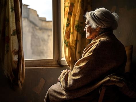 Foto temática de una mujer mayor sentada sola, mirando por la ventana, con un tono melancólico