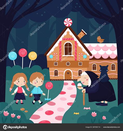 Ilustración de Hansel y Gretel enfrentando a la bruja en la casa de pan