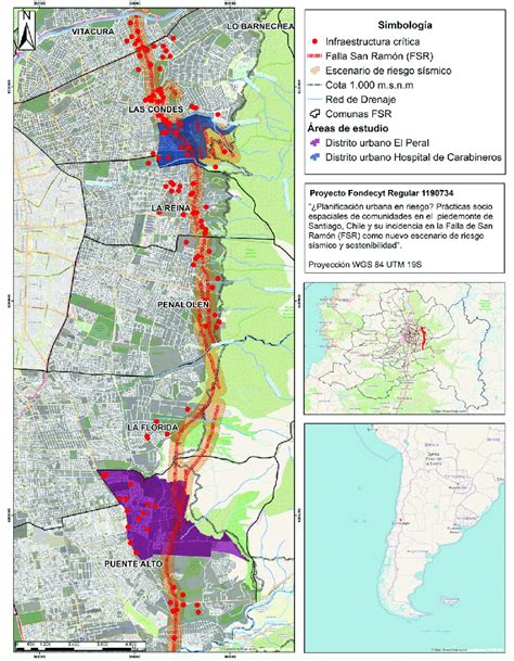 Mapa de la Falla San Ramón y comunas afectadas en Santiago