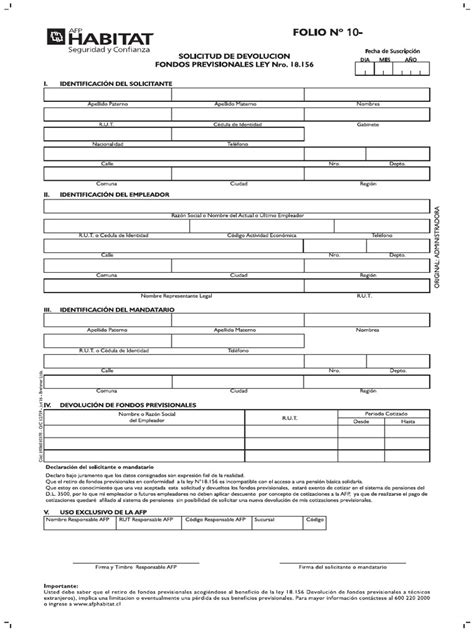 ejemplo del formulario de solicitud de devolución de fondos previsionales Ley 18.156