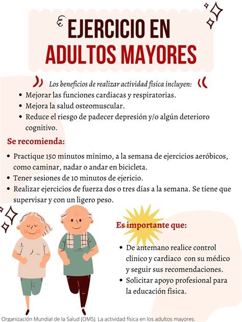 Infografía sobre los beneficios del ejercicio en adultos mayores: salud física, mental y social.
