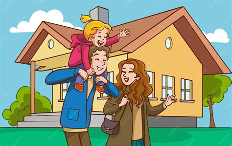 Ilustración de una familia feliz entrando a su nueva casa
