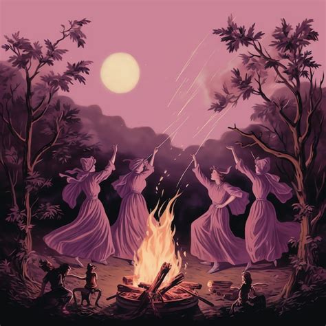ilustración de una anciana bailando alrededor de una hoguera en un bosque montañoso