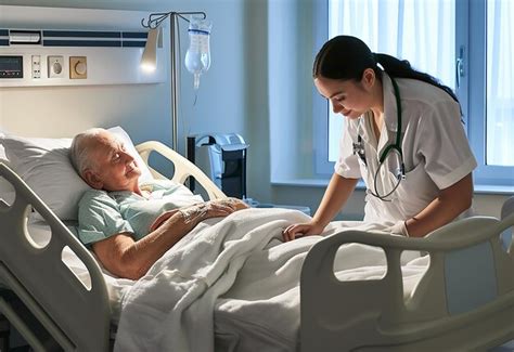 Foto de una enfermera o cuidadora interactuando amablemente con un paciente mayor en casa