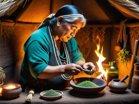 Representación artística de una Machi mapuche realizando un ritual de sanación.