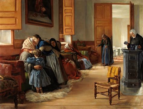 detalle del cuadro Sala de un hospital o Visita a los enfermos, de José Alea Rodríguez, mostrando a una anciana en la cama y sus visitantes