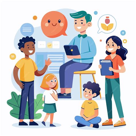 Ilustración de un grupo de docentes y padres de familia colaborando con diferentes herramientas de diagnóstico, como encuestas, pizarras y entrevistas