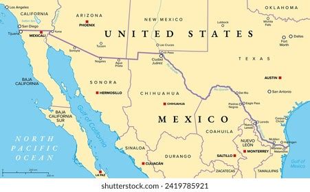 Mapa de la frontera México-Estados Unidos con la ubicación de Tijuana y otras ciudades fronterizas