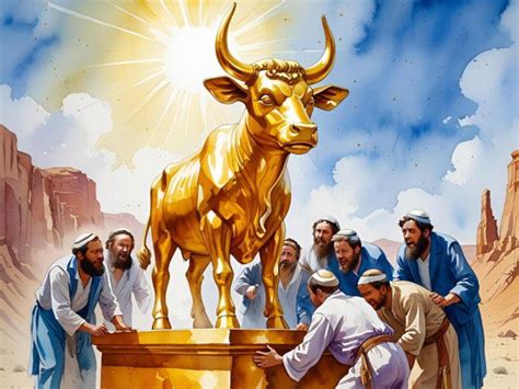ilustración del becerro de oro y Moisés arrojando las tablas de la ley