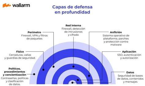 Diagrama de capas de defensa en profundidad y controles de ciberseguridad