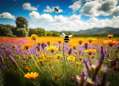 Imagen de un paisaje agrícola con abejas polinizando flores