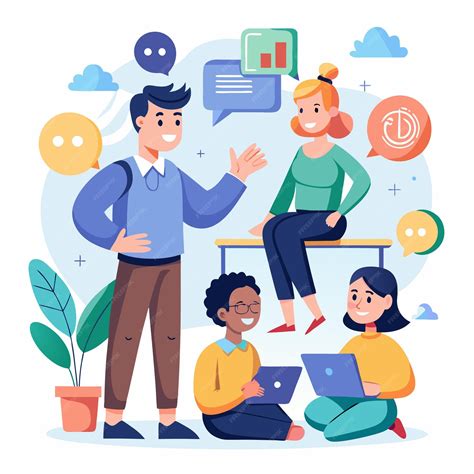 Ilustración de un grupo de jóvenes interactuando con profesionales de apoyo