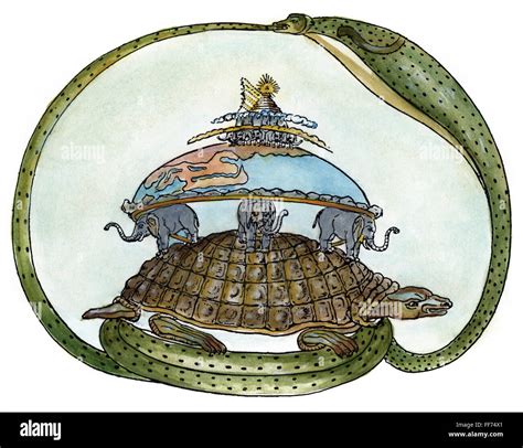 Ilustración artística de la tortuga Akupara sosteniendo el mundo, basada en la mitología hindú
