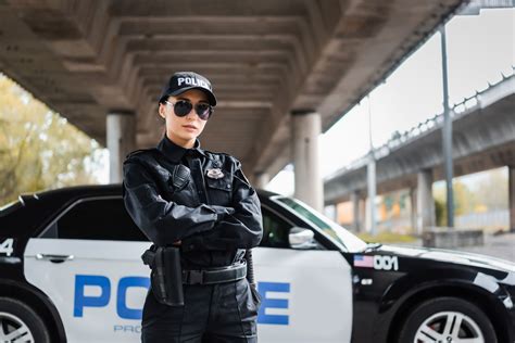 Patrullero de policía en Estados Unidos con uniforme, en una ciudad
