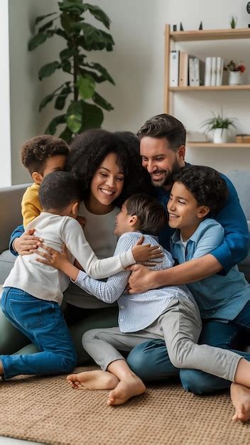 Fotografía de una familia acogiendo a un niño en un ambiente hogareño