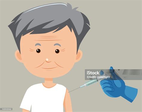 Ilustración de un adulto mayor sonriendo mientras recibe una vacuna.