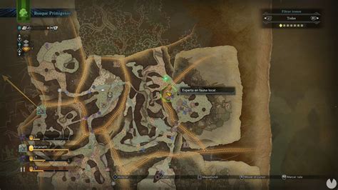 Mapa del Nuevo Mundo de Monster Hunter World, resaltando las ubicaciones del Bosque Primigenio, Yermo de Agujas y el Valle Putrefacto.