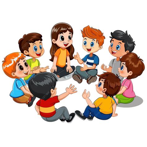 Ilustración de un voluntario interactuando con un grupo de niños sonrientes en un entorno educativo.