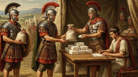 Ilustración de soldados romanos recibiendo pagos o tierras por su servicio