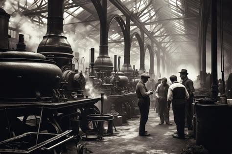 Foto histórica de una fábrica con trabajadores en la Revolución Industrial