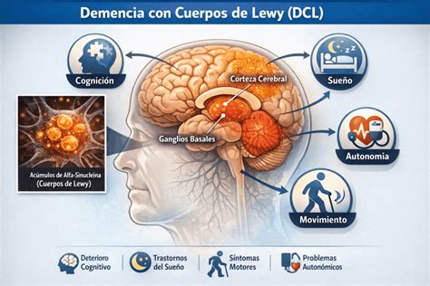 Infografía o esquema sobre la formación de cuerpos de Lewy en el cerebro y sus efectos.