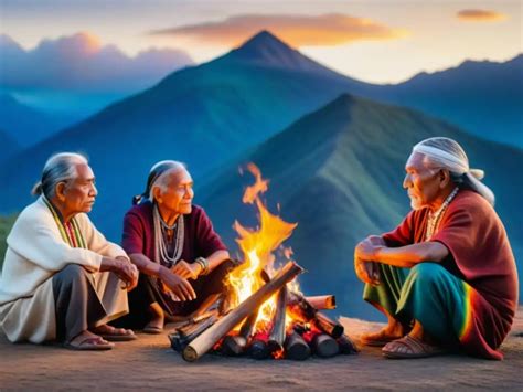 Ilustración de un consejo de ancianos indígena en sesión, con énfasis en la autoridad y el respeto.