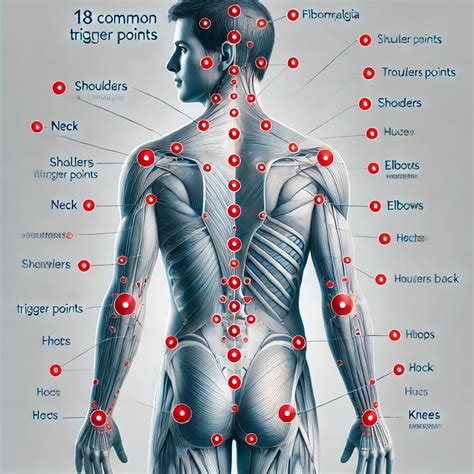 Ilustración de los 18 puntos de sensibilidad en el cuerpo humano utilizados en el diagnóstico de fibromialgia