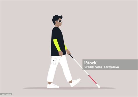 Ilustración de una persona con discapacidad visual usando un bastón blanco