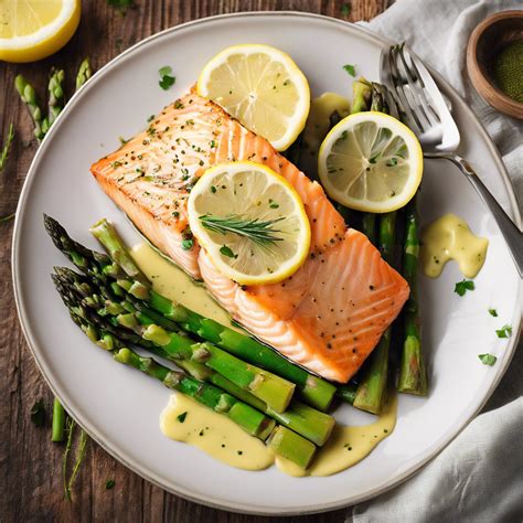 Ilustración de un filete de salmón con espárragos y limón.