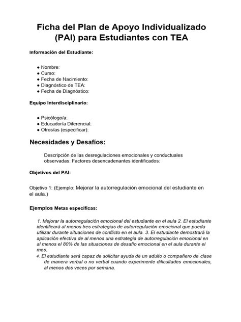 Esquema de un plan de apoyo individualizado para estudiantes con NEE