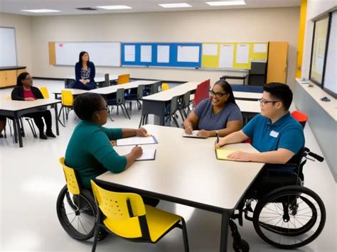 Diagrama de un aula escolar adaptada para estudiantes con discapacidad auditiva, mostrando ubicación preferencial y minimización de ruido