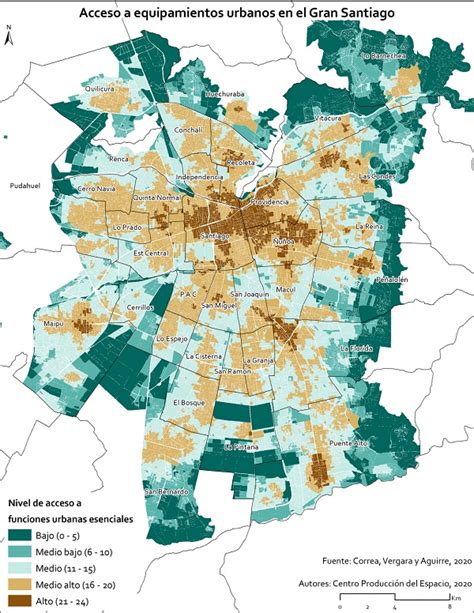 Mapa de Santiago de Chile mostrando áreas de segregación socioeconómica y localización de PIS.