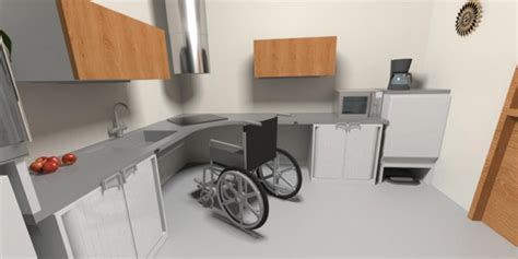 Ilustración de una persona en silla de ruedas utilizando una cocina adaptada