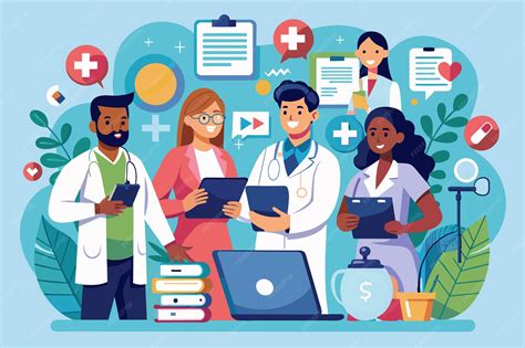 Ilustración de un equipo interdisciplinario de profesionales de la salud (médico, enfermera, terapeuta, trabajador social) colaborando en la atención de un residente.