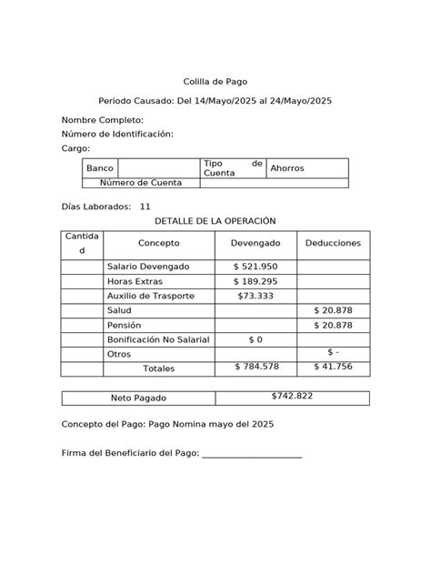 Esquema de la sección de beneficiarios en una colilla de pago