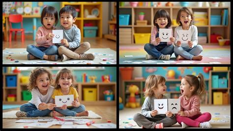 Niños representando diferentes emociones durante un juego de expresión