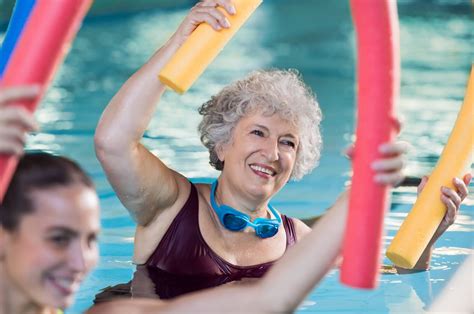 Fotografía de personas mayores realizando ejercicios de aquagym o yoga