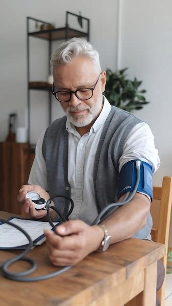 Persona mayor midiendo su presión arterial en casa con un tensiómetro automático.